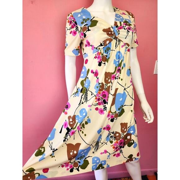 Size Medium Large | Vintage 1970's Buttercream Pink Blue Floral Babydoll Dress - Picture 4 of 10